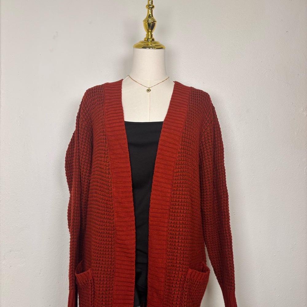 faded glory red knit long cardigan w pockets open front cozy‎ cottagecore office